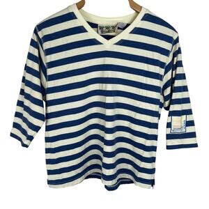 Palm Grove‎ Top Women Large Navy Stripe V-neck Half Sleeve Cotton Blend Nautical